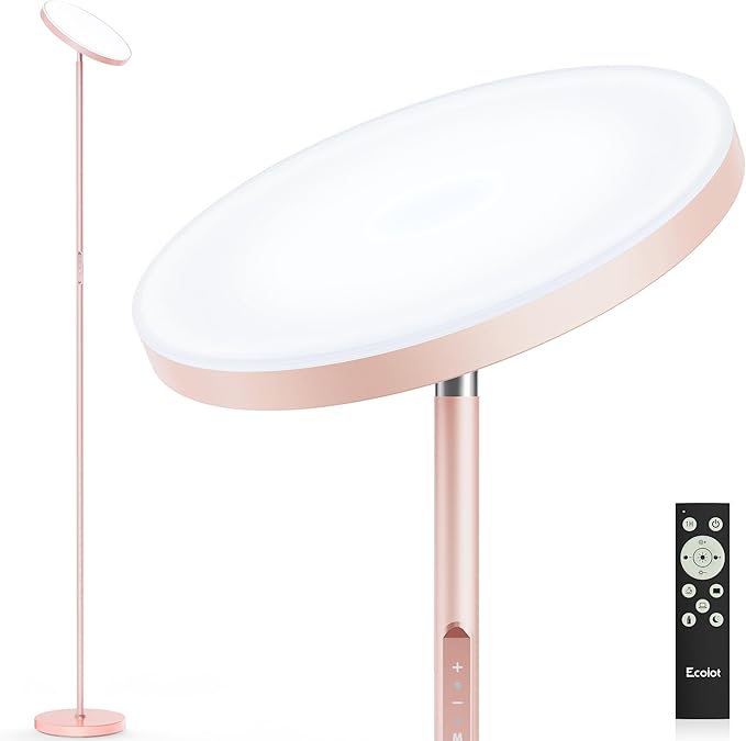 OHLUX Pink Floor Lamp, 32W/2500LM Super Bright Dimmable Sky LED Modern Torchiere Standing Lamp, LED Floor Reading Lamp with 4 Color Temperatures, Remote Touch Control, 1 Hour Timer for Living Room - LeafyLoom