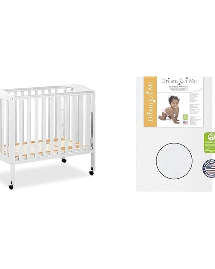 3 in 1 Portable Folding Stationary Side Crib in White, Greenguard Gold & Sunset 3” Extra Firm Fiber Crib Mattress, Greenguard Gold Certified, Waterproof Vinyl Cover - LeafyLoom