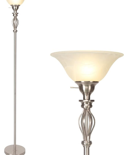 Torchiere Floor Lamps for Living Room & Bedroom – Stand Up Lamp with Corner Floor Lamp Design – Traditional Iron Scroll 70" Tall Alabaster Glass Bowl Shade (Brushed Nickel) - LeafyLoom