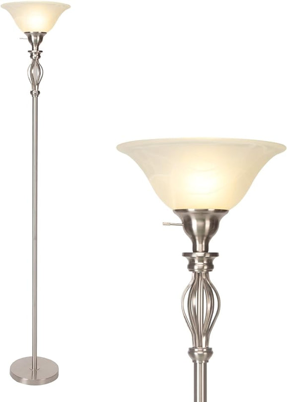 Torchiere Floor Lamps for Living Room & Bedroom – Stand Up Lamp with Corner Floor Lamp Design – Traditional Iron Scroll 70" Tall Alabaster Glass Bowl Shade (Brushed Nickel) - LeafyLoom