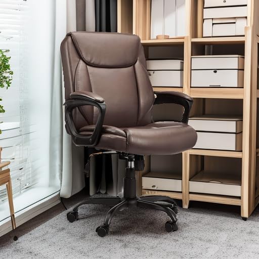 Amazon Basics Classic Puresoft PU Padded Mid-Back Office Computer Desk Chair with Armrest - Brown, 25.75"D x 24.25"W x 42.25"H - LeafyLoom