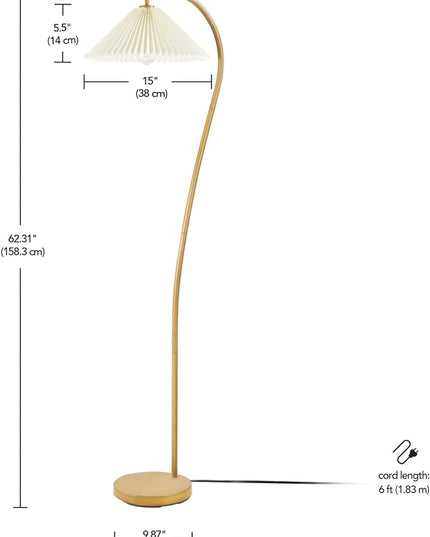 Globe Electric Novogratz x 61000043 Novogratz x Globe 62" Floor Lamp, Faux Wood Finish, White Pleated Fabric Shade, Pivot Joint on Shade, in -Line On/Off Foot Switch, Black Cord, Reading Lamp - LeafyLoom