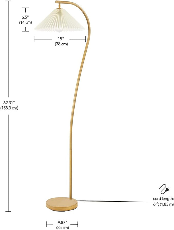 Globe Electric Novogratz x 61000043 Novogratz x Globe 62" Floor Lamp, Faux Wood Finish, White Pleated Fabric Shade, Pivot Joint on Shade, in -Line On/Off Foot Switch, Black Cord, Reading Lamp - LeafyLoom