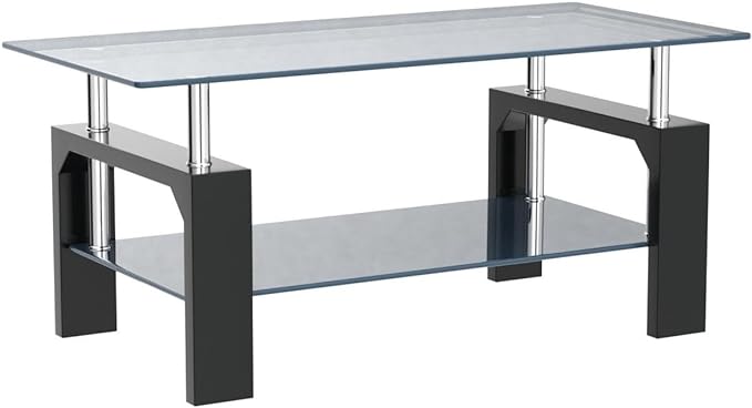 Living Room Rectangle Coffee Table, Tea Table Suitable for Waiting Room, Modern Side Coffee Table with Wooden Leg, Glass Tabletop with Lower Shelf, 39.5D x 23.5W x 17.5H in, Black - LeafyLoom
