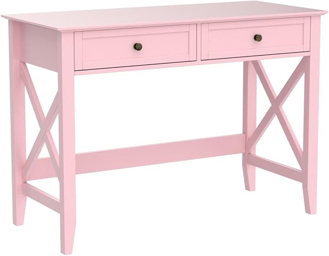 Writing Computer Desk with Drawers, Cute Modern Table for Bedrooms, Pink Vanity Table Office Desk with Drawers, Home Computer Desk for Girls Living Room Entryway, Pink - LeafyLoom