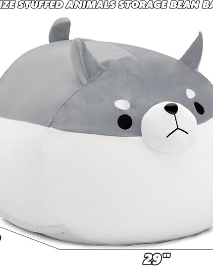 Stuffed Animal Storage Bean Bag Chair Cover for Kids Grey Shiba Inu Dog Bean Bag Chair for Girls XX-Large Size Toy Organizer Cover Only Without Filling - LeafyLoom