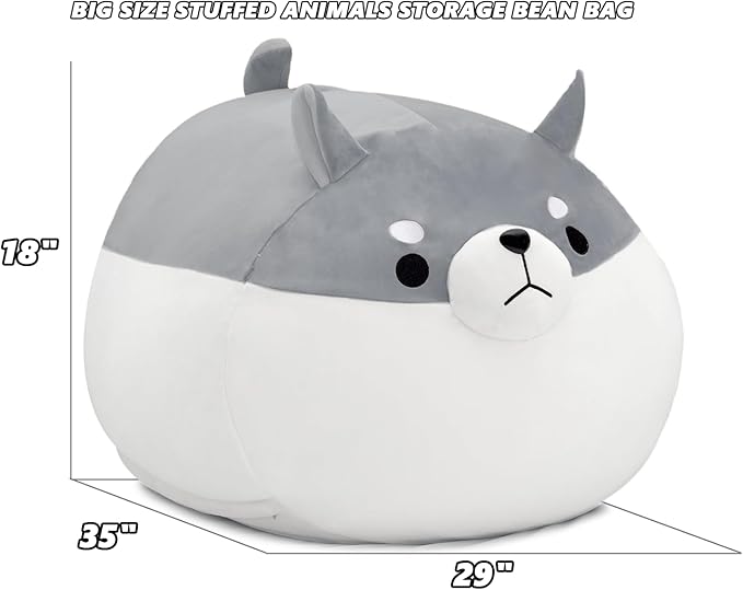 Stuffed Animal Storage Bean Bag Chair Cover for Kids Grey Shiba Inu Dog Bean Bag Chair for Girls XX-Large Size Toy Organizer Cover Only Without Filling - LeafyLoom