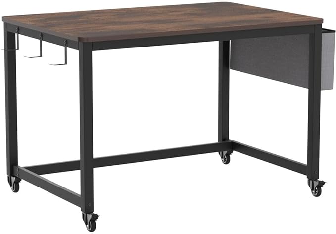 AHB 39" Rolling Computer Desk with 4 Smooth Wheels, Simple Style Mobile Writing Desk Home Office Study Table Movable Workstation with Metal Frame - LeafyLoom