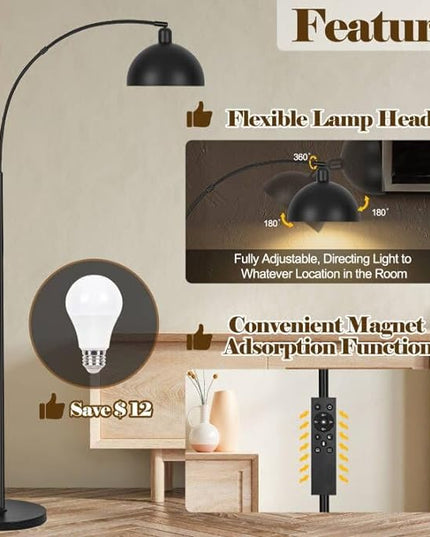 【Upgraded】Black Arc Floor Lamps for Living Room - Dimmable Arched Floor Lamp with Remote Control & 2700-6000K 9W LED Bulb Included, Modern Arch Standing lamp, Industrial Tall Lamp for Bedroom Reading - LeafyLoom