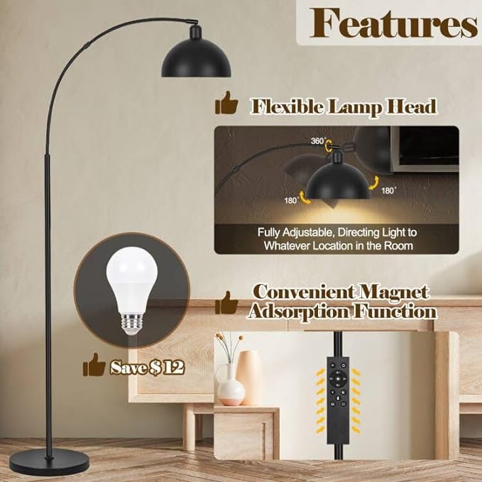 【Upgraded】Black Arc Floor Lamps for Living Room - Dimmable Arched Floor Lamp with Remote Control & 2700-6000K 9W LED Bulb Included, Modern Arch Standing lamp, Industrial Tall Lamp for Bedroom Reading - LeafyLoom