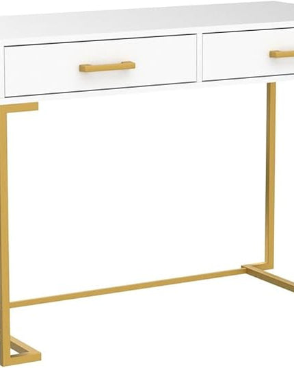 Computer Desk with 2 Drawers, Wooden Writing Desks for Home Office, White&Gold - LeafyLoom