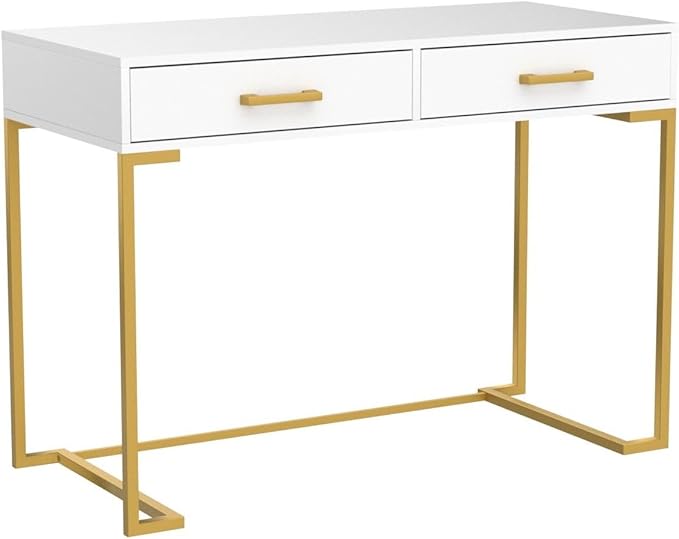 Computer Desk with 2 Drawers, Wooden Writing Desks for Home Office, White&Gold - LeafyLoom