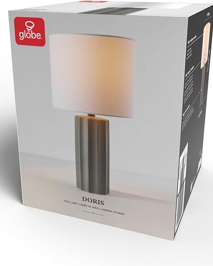Globe Electric 61000061 20" Ribbed Ceramic Table Lamp, Dark Gray Concrete Finish, White Linen Shade, On/Off Rotary Switch on Socket, for Living Room, Bedroom, Office, Home Décor - LeafyLoom