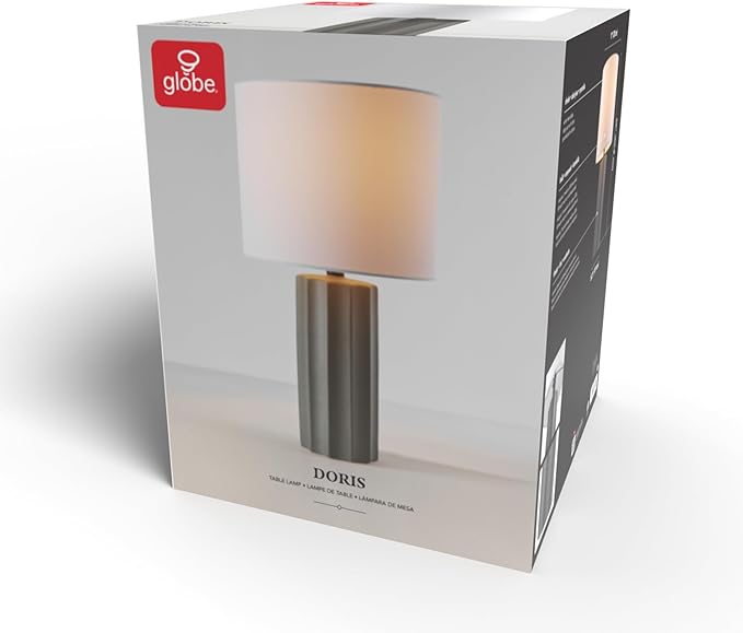 Globe Electric 61000061 20" Ribbed Ceramic Table Lamp, Dark Gray Concrete Finish, White Linen Shade, On/Off Rotary Switch on Socket, for Living Room, Bedroom, Office, Home Décor - LeafyLoom