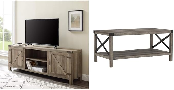 Walker Edison Georgetown Modern Farmhouse Double Barn Door TV Stand for TVs up to 80 Inches, 70 Inch, Grey Wash, Without Fireplace & Sedalia Modern Farmhouse Metal X Coffee Table, 40 Inch, Grey Wash - LeafyLoom