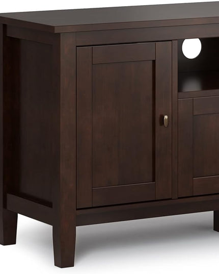 SIMPLIHOME Warm Shaker SOLID WOOD Universal TV Media Stand, 72 inch Wide, Transitional, Living Room Entertainment Center with Storage, for Flat Screen TVs up to 80 inches in Russet Brown - LeafyLoom