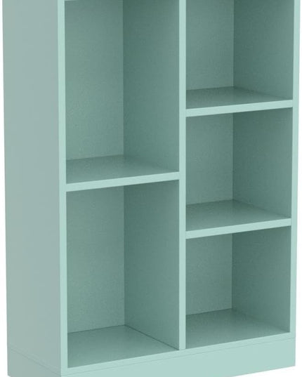 IOTXY Open Shelf Low Bookcase - Wooden 3-Tier Floor Standing Display Cabinet Organizer with Base, 5 Cubes Short Horizontal Bookshelf in Tiffany-Green - LeafyLoom