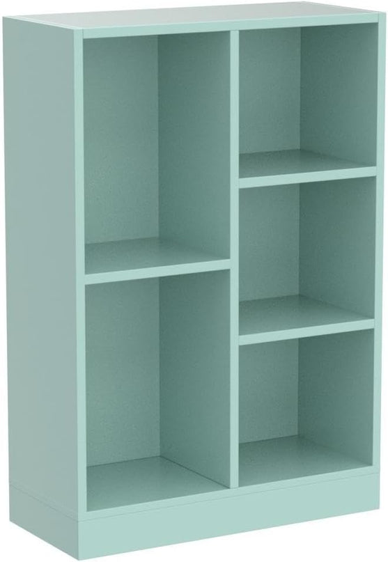 IOTXY Open Shelf Low Bookcase - Wooden 3-Tier Floor Standing Display Cabinet Organizer with Base, 5 Cubes Short Horizontal Bookshelf in Tiffany-Green - LeafyLoom