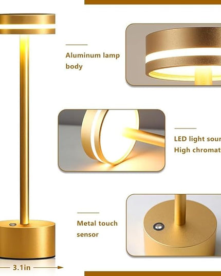 Cordless Metal Desk Lamp,Portable LED Table Lamp with Touch Sensor,3 Color Rechargeable Lamp,3-Levels Brightness Lamp,Night Light for Kids Nursery,Bedside Lamp,Dining Room Lamp (Gold) - LeafyLoom