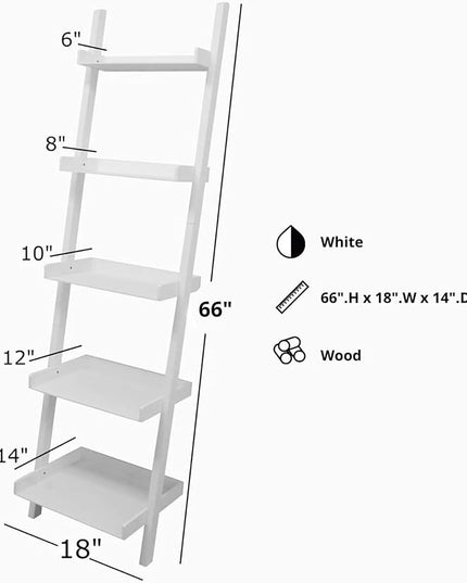 Kiera Grace Providence Hadfield 5 Tier Ladder Shelf Leaning Bookshelf Storage Rack for Home, Office, 18" x 67", White - LeafyLoom