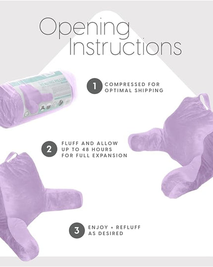 Milliard Reading Pillow with Shredded Memory Foam, Large Adult Backrest with Arms, Back Support for Sitting Up in Bed with Washable Cover (Sit up Pillow) (Lavender) - LeafyLoom