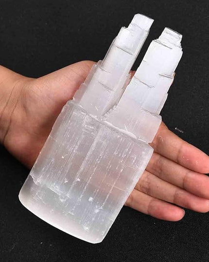 JIC Gem USB Selenite Lamp Twin Tower Healing Crystal Lamp Natural Selenite Skyscraper Lamp 6 Inch with Wooden LED Light Stand Base - LeafyLoom