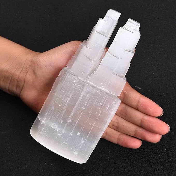JIC Gem USB Selenite Lamp Twin Tower Healing Crystal Lamp Natural Selenite Skyscraper Lamp 6 Inch with Wooden LED Light Stand Base - LeafyLoom