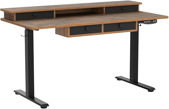 Electric Standing Desk, 63 * 30 Inches Adjustable Height with 4 Drawers, Double Storage Shelves Stand Up Desk, Home Office Workstation Sit Stand up Desk (Rustic Brown) - LeafyLoom