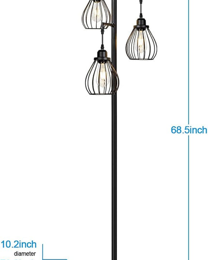 Lakumu Industrial Tree Floor Lamp for Living Room, with 3 Elegant Teardrop Cage Heads & ST58 Edison LED Bulbs, Sturdy Base Tall Vintage Pole Light Great for Farmhouse Rustic Bedroom Office - LeafyLoom
