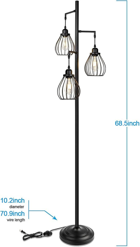 Lakumu Industrial Tree Floor Lamp for Living Room, with 3 Elegant Teardrop Cage Heads & ST58 Edison LED Bulbs, Sturdy Base Tall Vintage Pole Light Great for Farmhouse Rustic Bedroom Office - LeafyLoom