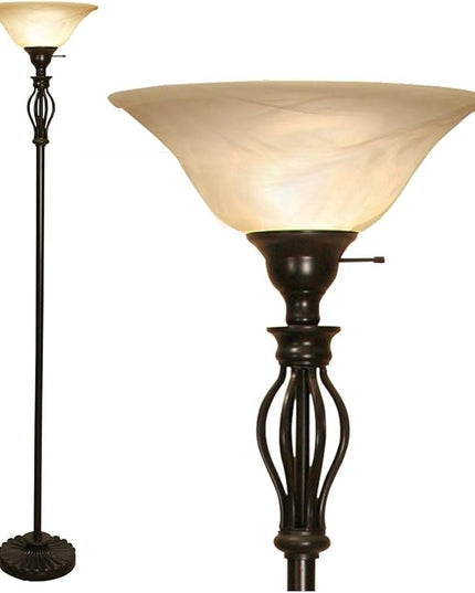LIGHTACCENTS Bronze Floor Lamp with Alabaster Glass Bowl Shade for Living Room Decor - Torchiere Floor Lamps- Tall Floor Lamp - Traditional Iron Scrollwork Unique Floor Lamp for Living Room - LeafyLoom