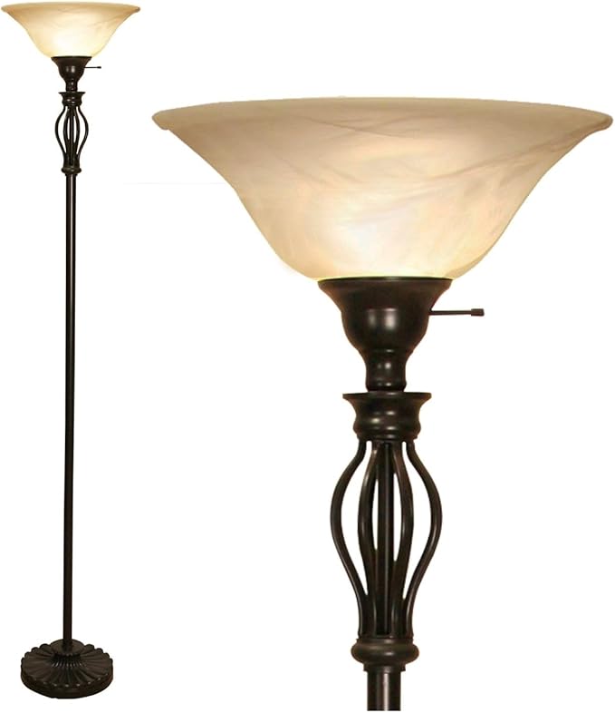 LIGHTACCENTS Bronze Floor Lamp with Alabaster Glass Bowl Shade for Living Room Decor - Torchiere Floor Lamps- Tall Floor Lamp - Traditional Iron Scrollwork Unique Floor Lamp for Living Room - LeafyLoom
