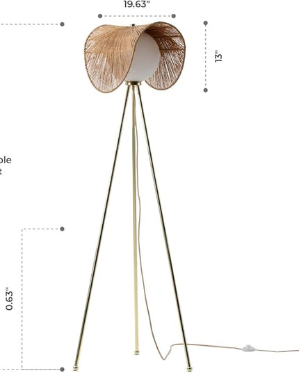 Sovev 62.87 in. Brass Bohemian Floor Lamp for Living Room with Opal Glass Rattan Shade - LeafyLoom