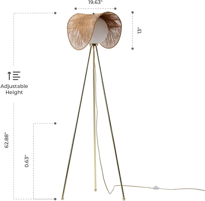 Sovev 62.87 in. Brass Bohemian Floor Lamp for Living Room with Opal Glass Rattan Shade - LeafyLoom