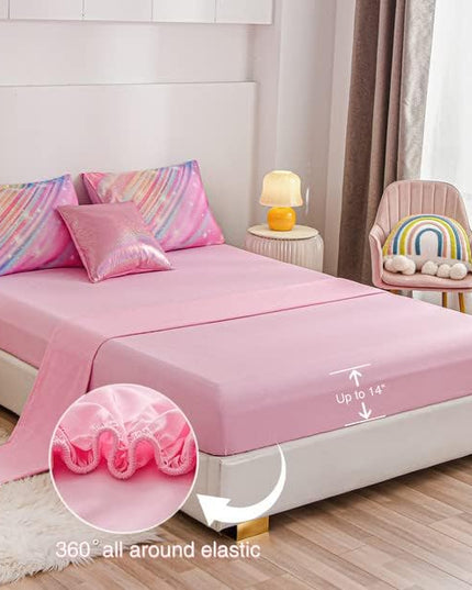 Btargot 6 Pieces Pink Gradient Star Ring Comforter Set for Boys Girls Teens, Twin Size Colorful Glitter Rainbow Star Galaxy Bedding Set - LeafyLoom