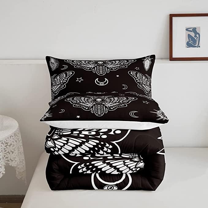 Feelyou Boys Boho Moth Comforter Set King Size Men Gothic Skull Bedding Set for Girls Women Bedroom Decor Bohemian Moon Star Comforter Personalized Moth Skull Skeleton Bones Duvet Set Teens Quilt Set - LeafyLoom
