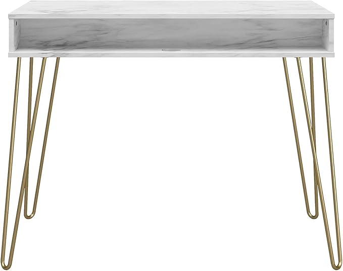 Novogratz Athena Computer Desk with Storage, White Marble - LeafyLoom