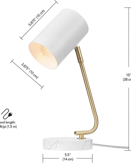 Globe Electric Novogratz x 65784 Athena 15" Desk Lamp, White Shade, Brass Arm, White Faux Marble Base - LeafyLoom