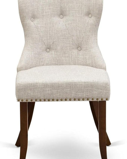 East West Furniture SIP3T35 Sion Parson Dining Room Button Tufted Nailhead Trim Doeskin Linen Fabric Upholstered Chairs, Set of 2, Mahogany - LeafyLoom
