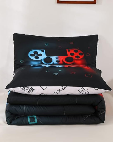Boys Gamepad Comforter Set Full,Play Gamer Bedding Set Kid Young Man Video Games Down Comforter for Teen Child Game Room Decor Black Classic Retro Gaming Quilt Duvet Set with Controller Button - LeafyLoom