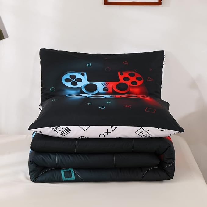 Boys Gamepad Comforter Set Full,Play Gamer Bedding Set Kid Young Man Video Games Down Comforter for Teen Child Game Room Decor Black Classic Retro Gaming Quilt Duvet Set with Controller Button - LeafyLoom