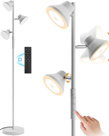 LED Tree Floor Lamp Silver, 36W Super Bright Standing Lamp with Remote Control, 4 Color Temperatures, 3 Rotatable LED Lights, Dimmable Floor Lamps for Living Room, Bedroom, Office - LeafyLoom