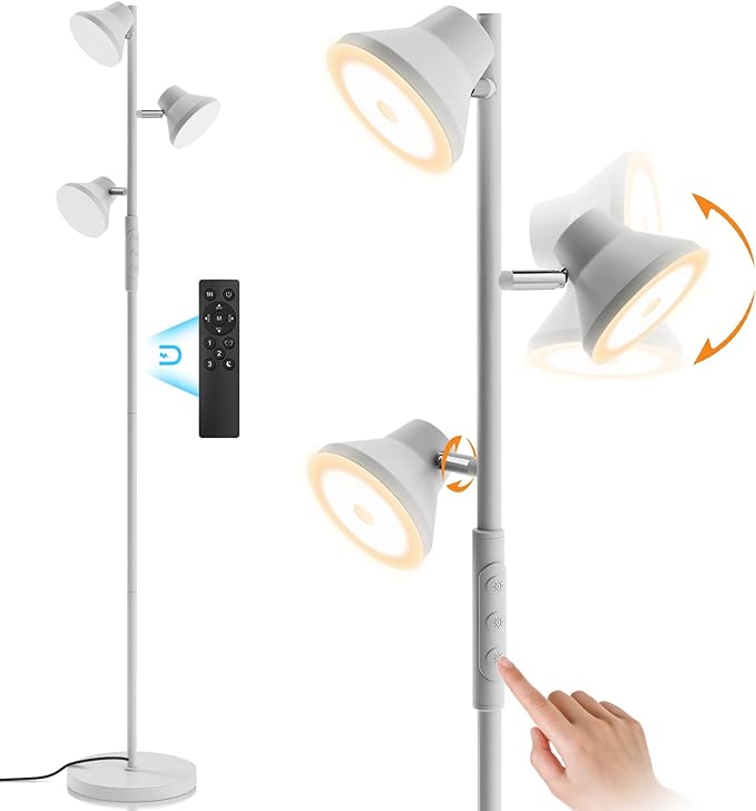 LED Tree Floor Lamp Silver, 36W Super Bright Standing Lamp with Remote Control, 4 Color Temperatures, 3 Rotatable LED Lights, Dimmable Floor Lamps for Living Room, Bedroom, Office - LeafyLoom