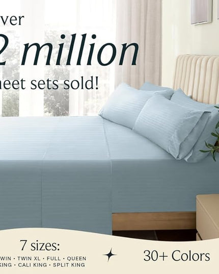 LuxClub 6 PC Cal King Size Sheet Set Bed Sheets, Breathable Luxury Bed Sheets, Deep Pockets 18" Wrinkle Free Cooling Bed Sheets Machine Washable Hotel Bedding (Cal King, Striped Light Blue) - LeafyLoom