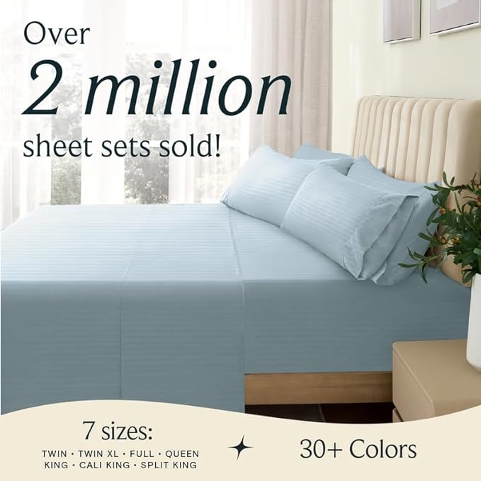 LuxClub 6 PC Cal King Size Sheet Set Bed Sheets, Breathable Luxury Bed Sheets, Deep Pockets 18" Wrinkle Free Cooling Bed Sheets Machine Washable Hotel Bedding (Cal King, Striped Light Blue) - LeafyLoom