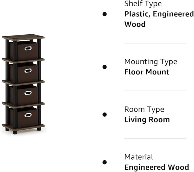 FURINNO Turn-N-Tube 4-Bins System Rack, Columbia Walnut/Black/Dark Brown - LeafyLoom