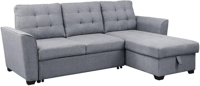 LOVMOR L-Shape Corner Couch with Storage Chaise, Linen Reversible Sleeper Sectional Sofa with Arms for Home Furniture, Living Room, Apartment, Dorm, Light Gray, 61.75 Inch - LeafyLoom