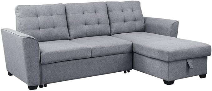 90.5" L Shaped Sectional Sleeper Sofa with Reversible Storage Chaise, Linen Couch Pull Out Bed for Living Room, Small Space, Apartment, Light Gray - LeafyLoom