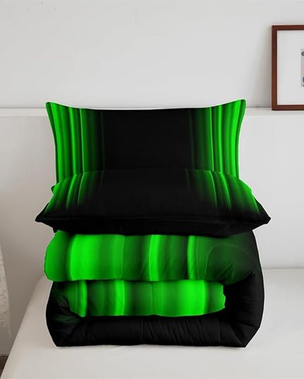 Feelyou Geometric Abstract Ombre Bedding Bed Set Men Adults Teens Green and Black Striped Comforter Set Kids Boys Girls Simple Modern Comforter Inner Fill Bedroom Collection 3Pcs Queen Size - LeafyLoom