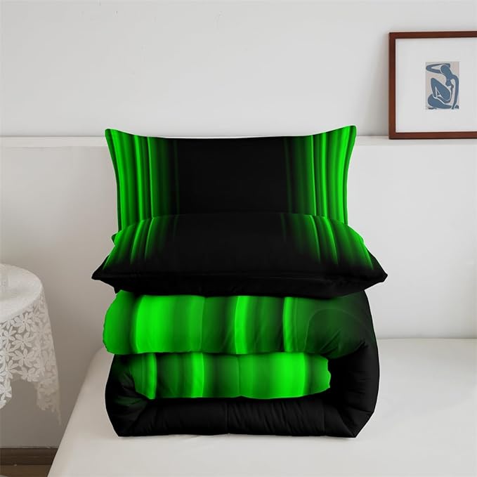 Feelyou Geometric Abstract Ombre Bedding Bed Set Men Adults Teens Green and Black Striped Comforter Set Kids Boys Girls Simple Modern Comforter Inner Fill Bedroom Collection 2Pcs Twin Size - LeafyLoom